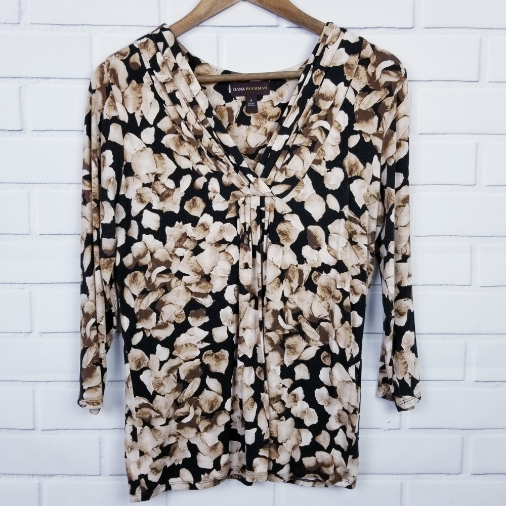 Dana Buchman‎ Womens Floral Print V-Neck Career Top Size Small 3/4 Sleeve Brown